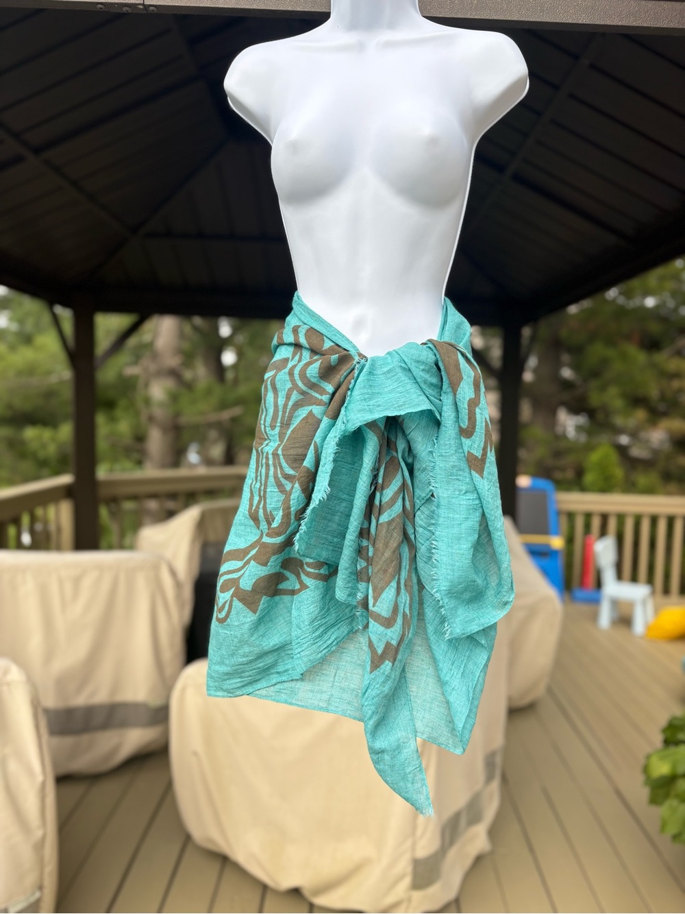 Turquoise Brown Patterned Women's Swim Sarong, Size: 68” x 29”